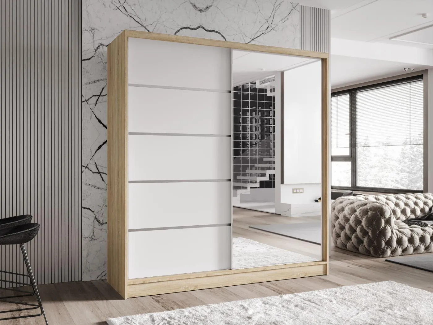 Zweitüriger Schiebeschrank mit Spiegel TORONTO T3 Sonoma/Weiß