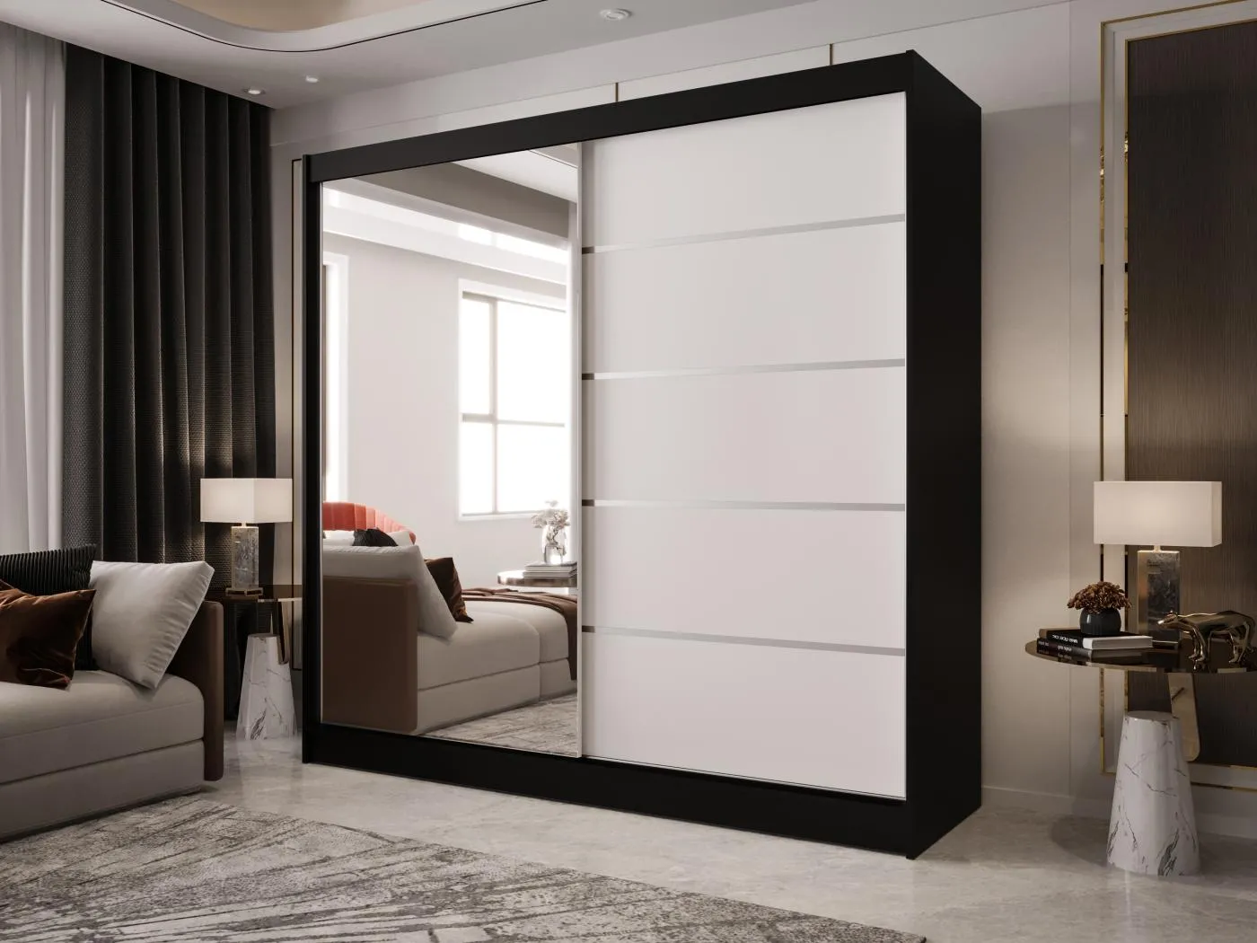 Zweitüriger Schiebeschrank mit Spiegel BOSTON  B3 Schwarz/Weiß