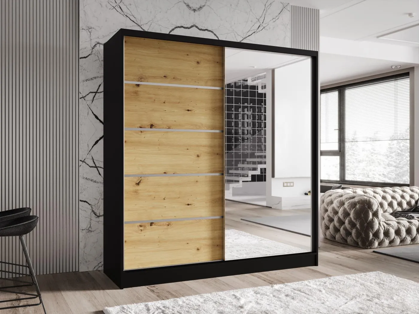 Zweitüriger Schiebeschrank mit Spiegel TORONTO T3 Schwarz/Artisan