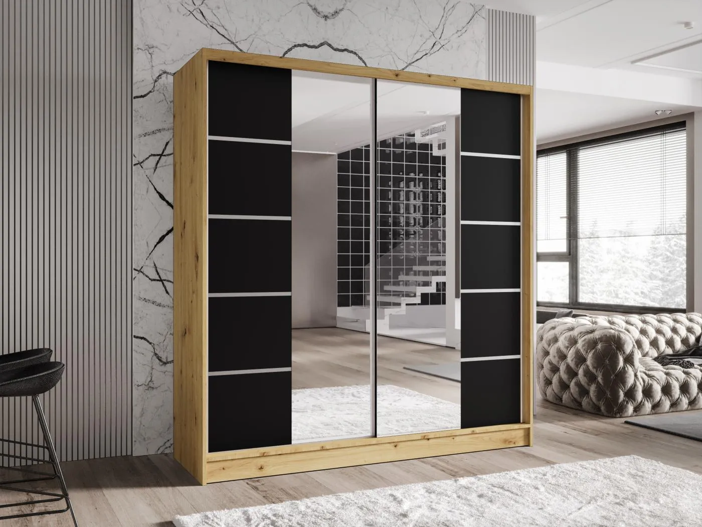 Zweitüriger Schiebeschrank mit Spiegel TORONTO T5 Artisan/Schwarz