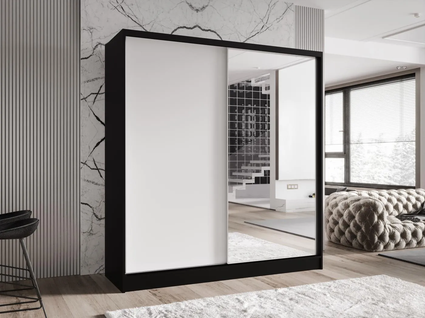 Zweitüriger Schiebeschrank mit Spiegel TORONTO T1 Schwarz/Weiß