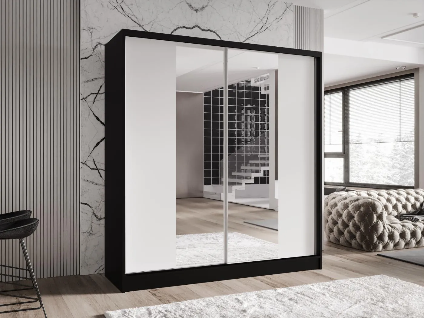 Zweitüriger Schiebeschrank mit Spiegel TORONTO T2 Schwarz/Weiß