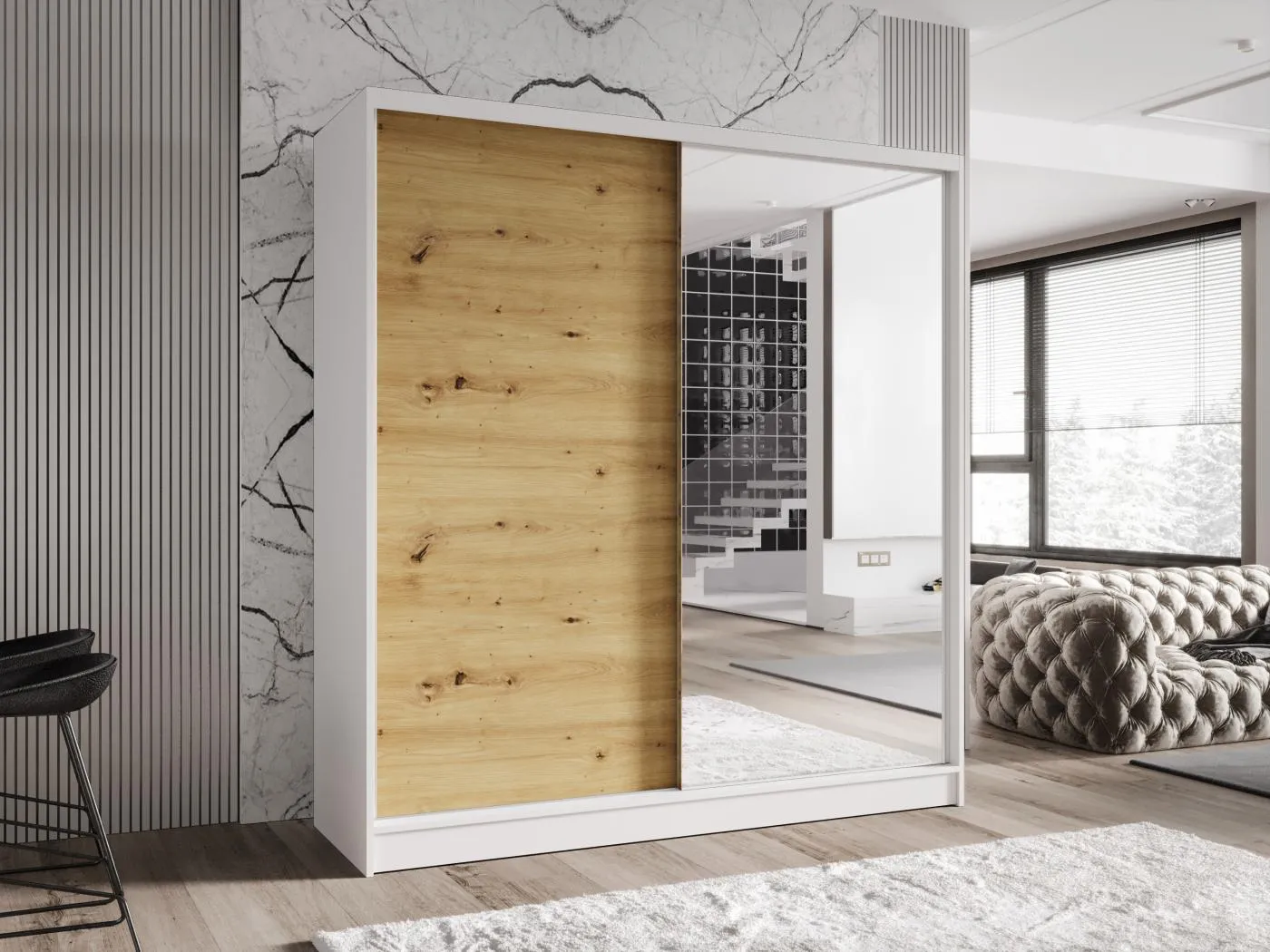 Zweitüriger Schiebeschrank mit Spiegel TORONTO T1 Weiß/Artisan