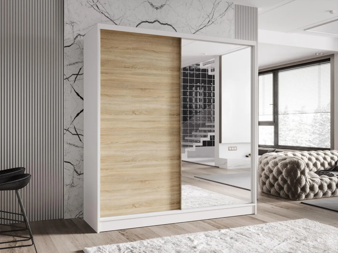 Zweitüriger Schiebeschrank mit Spiegel TORONTO T1 Weiß/Sonoma