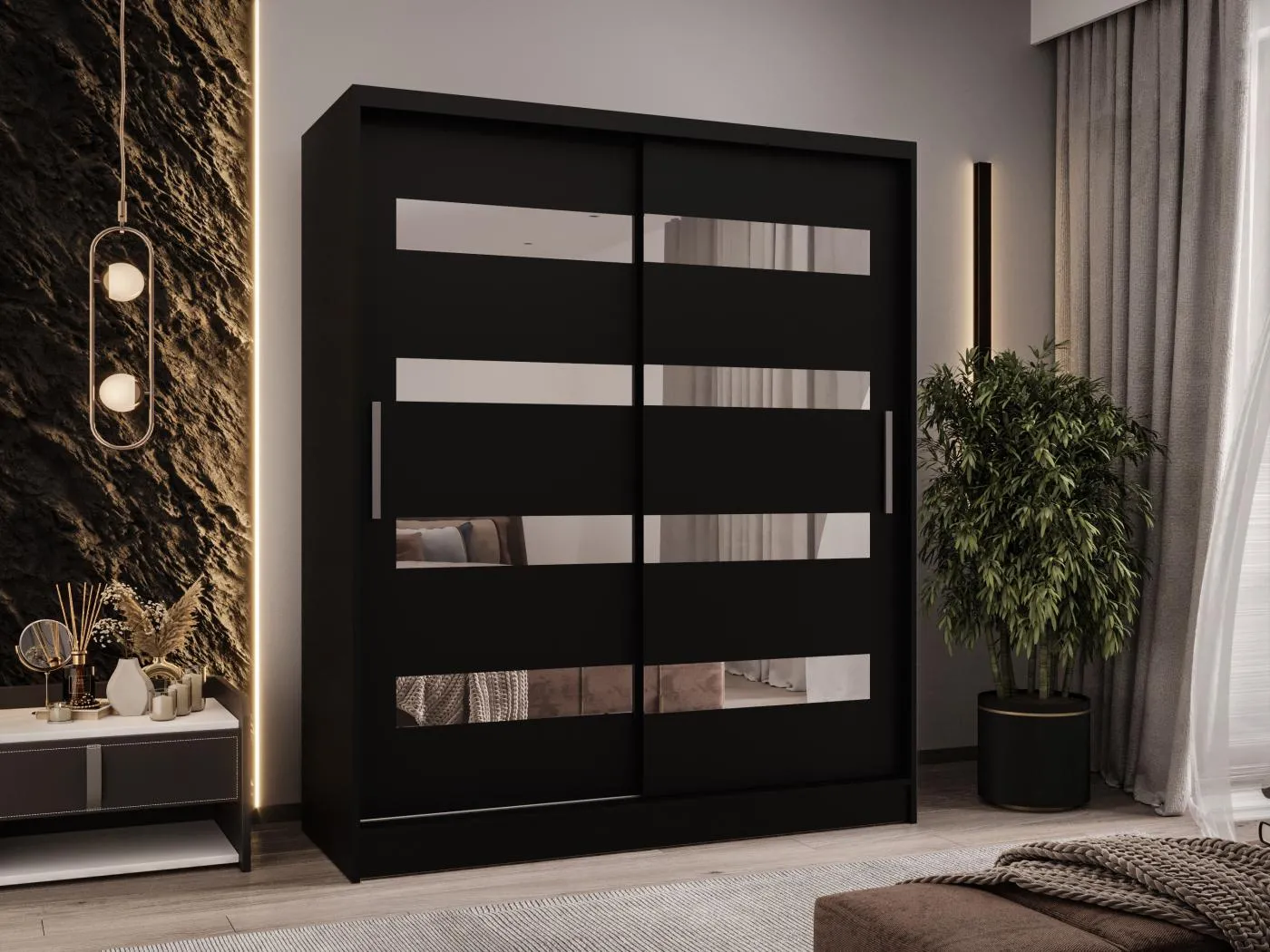 Zweitüriger Schiebeschrank mit Spiegel WIENNA W13 Schwarz