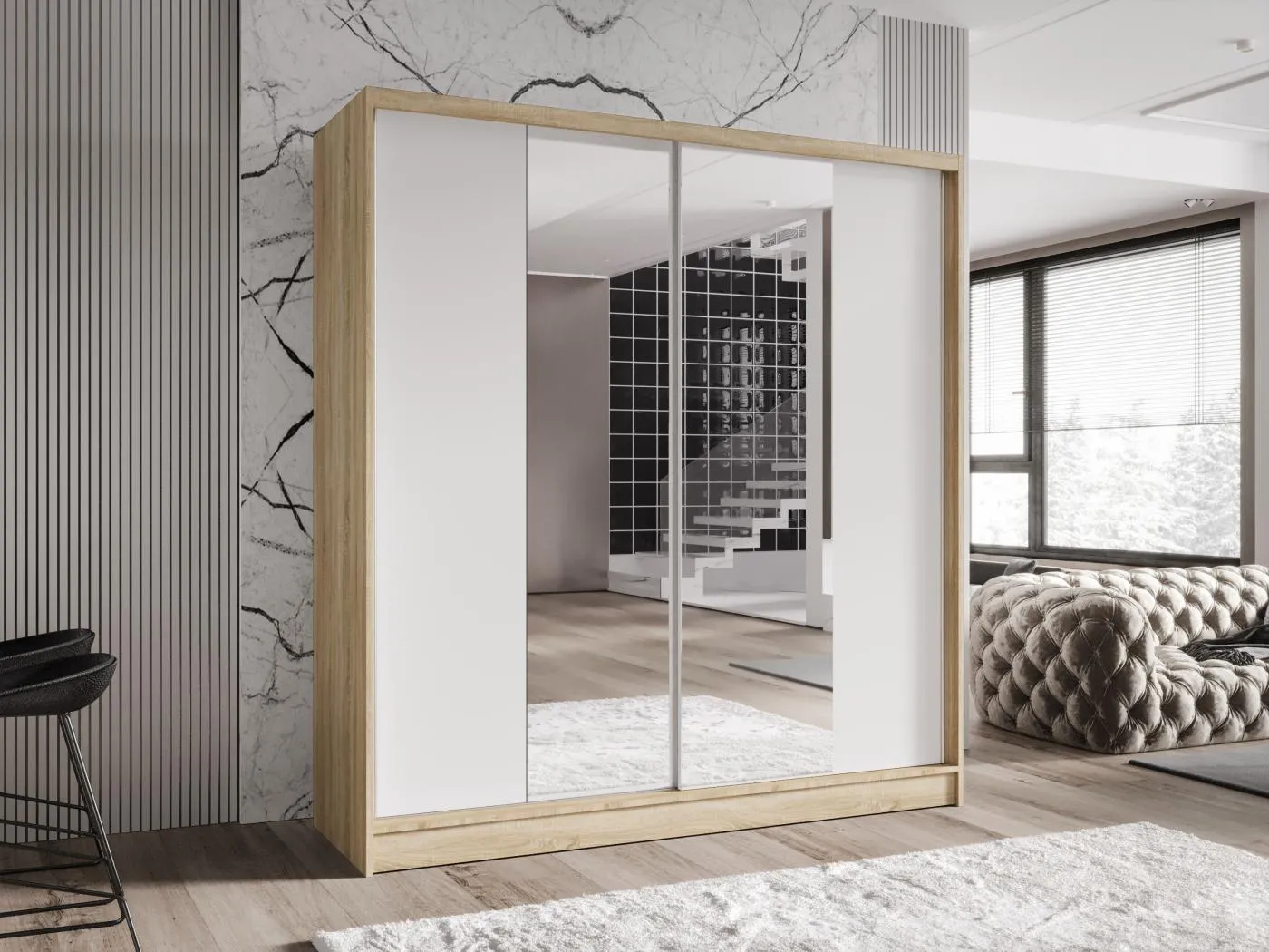 Zweitüriger Schiebeschrank mit Spiegel TORONTO T2 Sonoma/Weiß