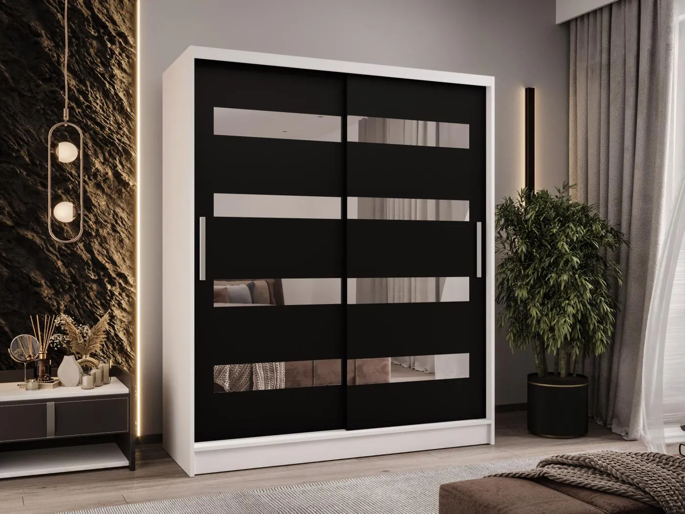 Zweitüriger Schiebeschrank mit Spiegel WIENNA W13 Weiß-Schwarz