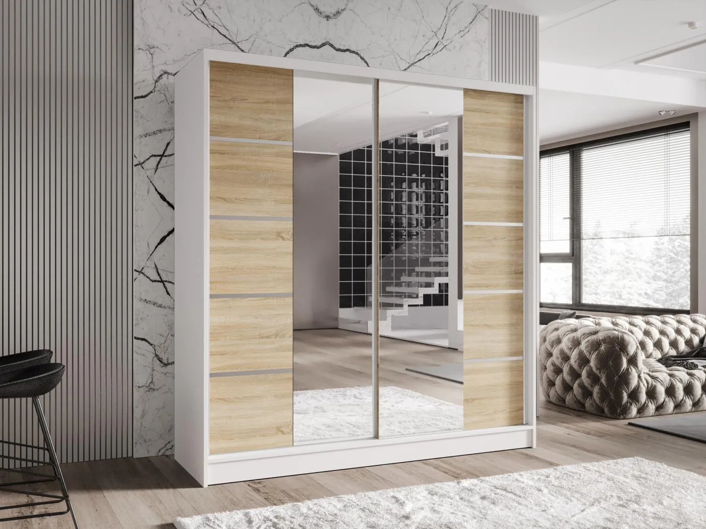 Zweitüriger Schiebeschrank mit Spiegel TORONTO T5 Weiß/Sonoma