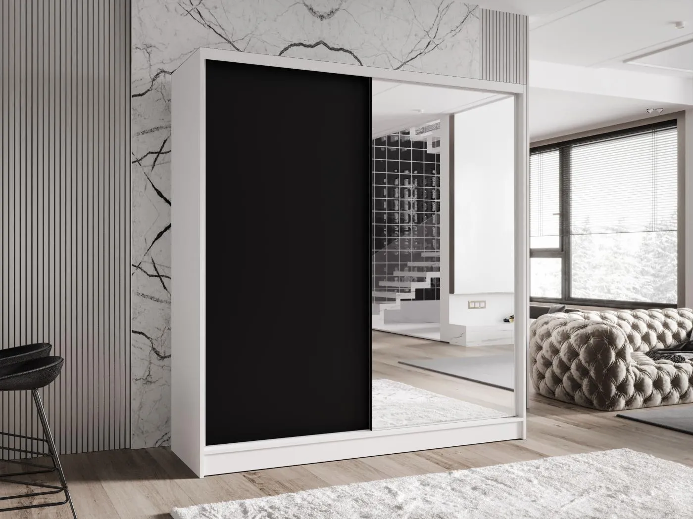 Zweitüriger Schiebeschrank mit Spiegel TORONTO T1 Weiß/Schwarz