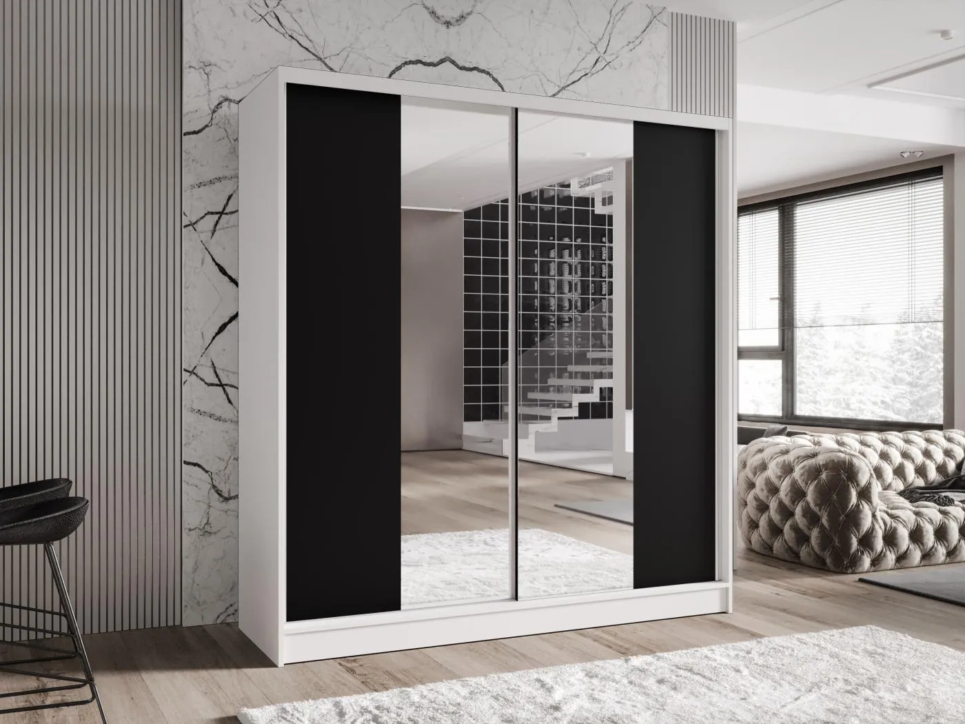 Zweitüriger Schiebeschrank mit Spiegel TORONTO T2 Weiß/Schwarz