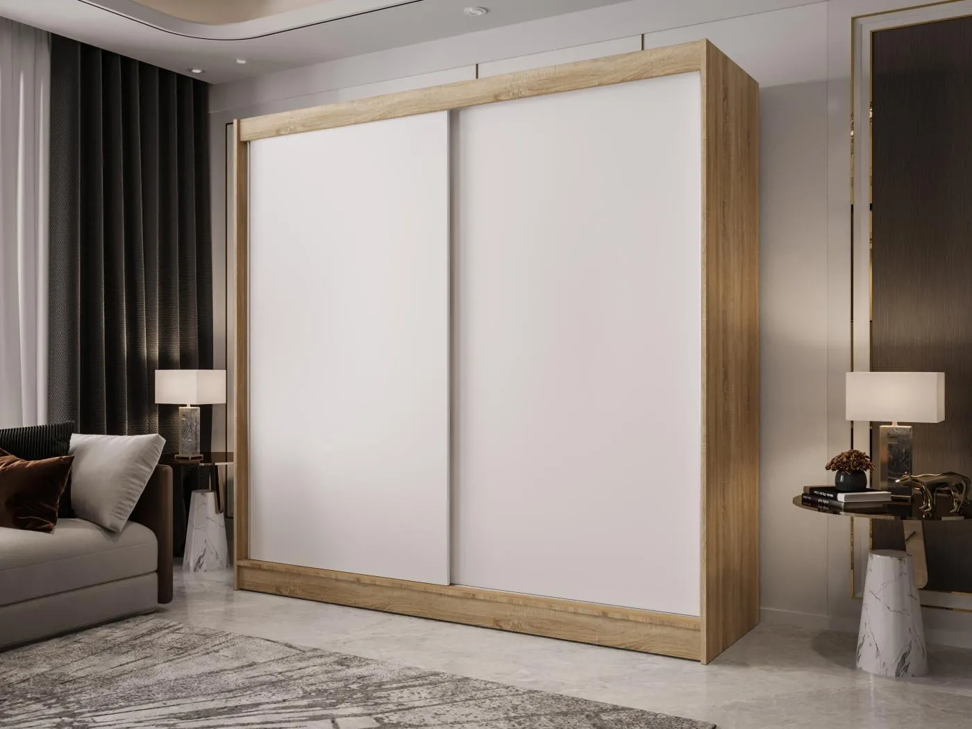 Zweitüriger Schiebeschrank mit Spiegel BOSTON B10 Sonoma/Weiß