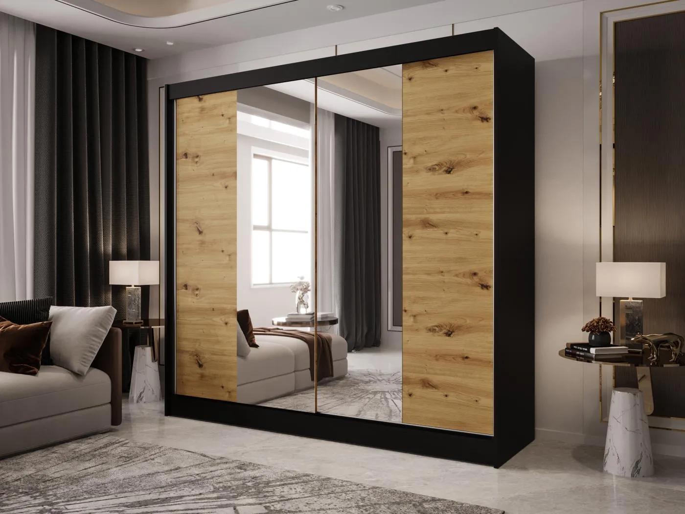 Zweitüriger Schiebeschrank mit Spiegel BOSTON B2 Schwarz/Artisan