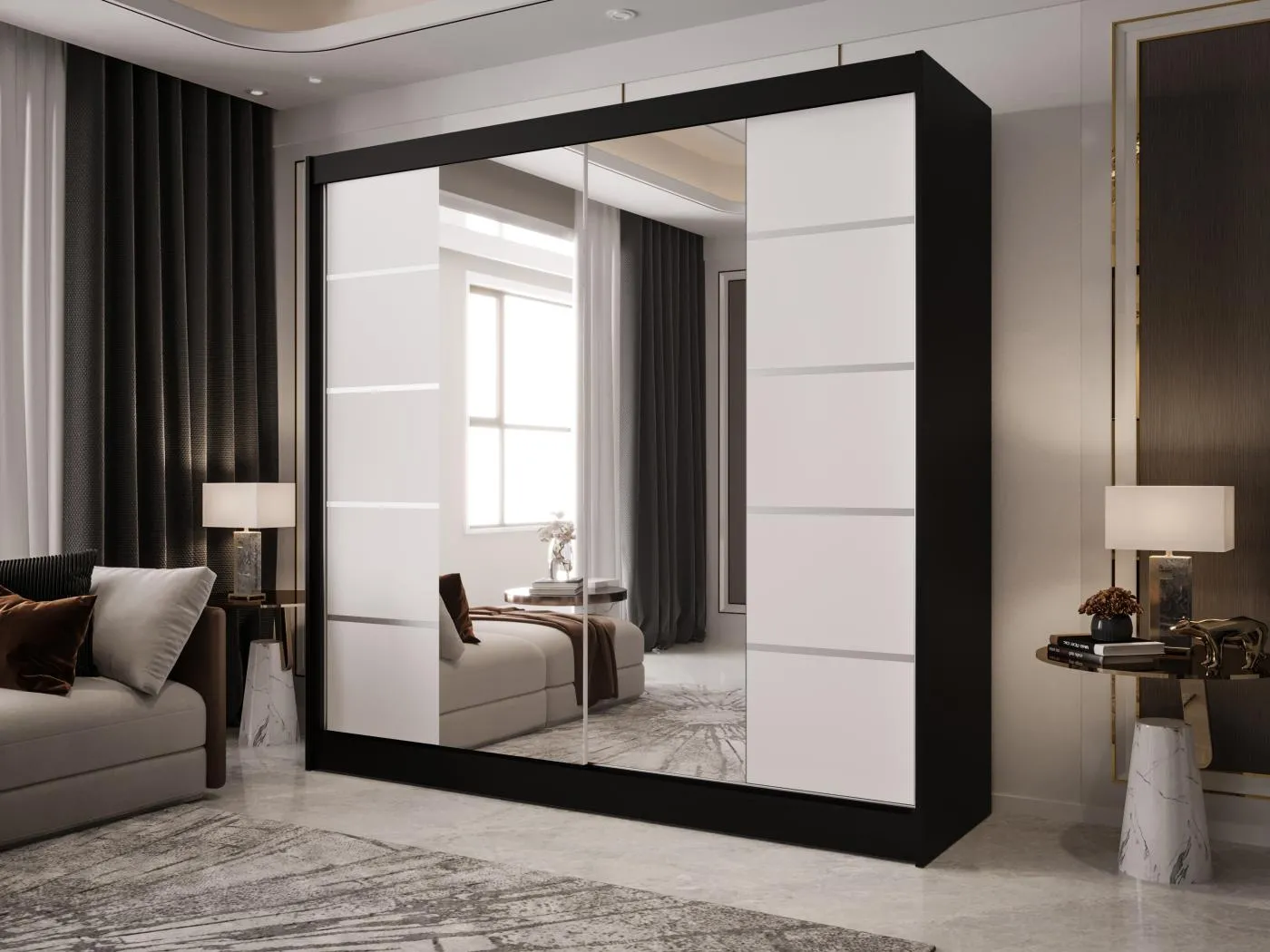 Zweitüriger Schiebeschrank mit Spiegel BOSTON B5 Schwarz/Weiß