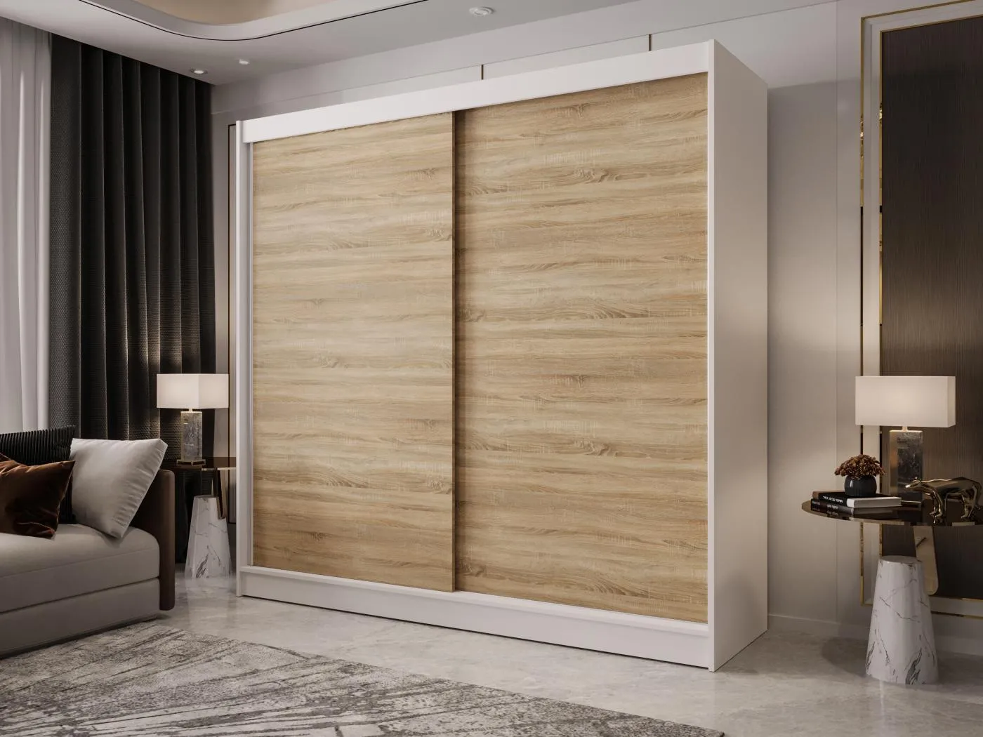 Zweitüriger Schiebeschrank mit Spiegel BOSTON B10 Weiß/Sonoma