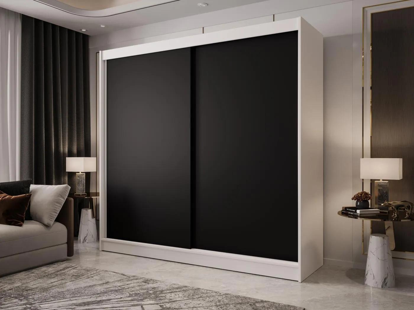 Zweitüriger Schiebeschrank mit Spiegel BOSTON B10 Weiß/Schwarz