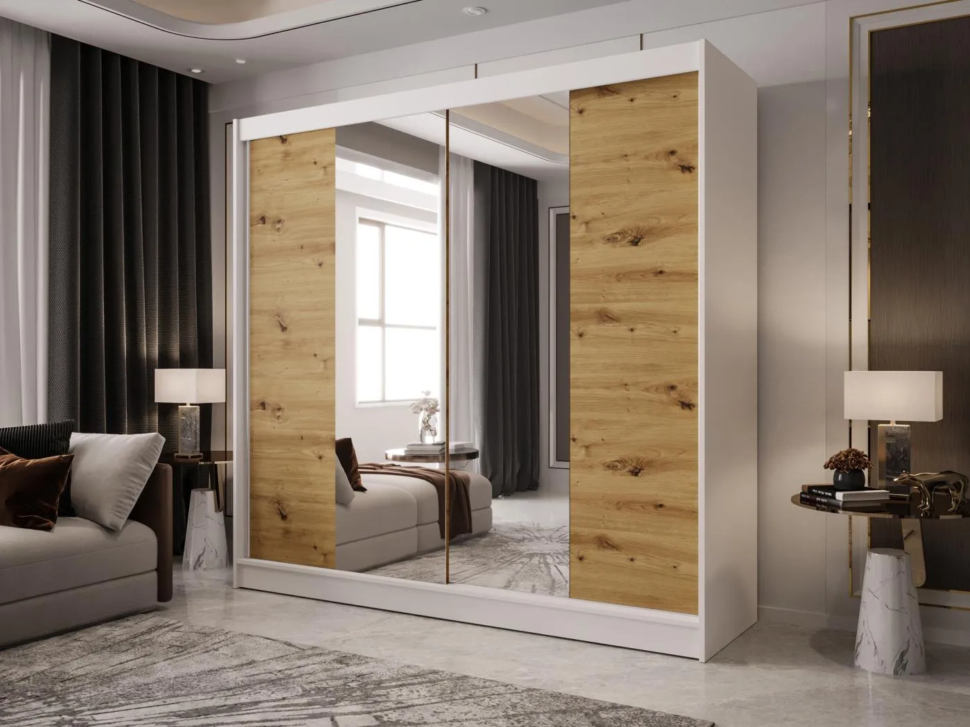 Zweitüriger Schiebeschrank mit Spiegel BOSTON B2 Weiß/Artisan