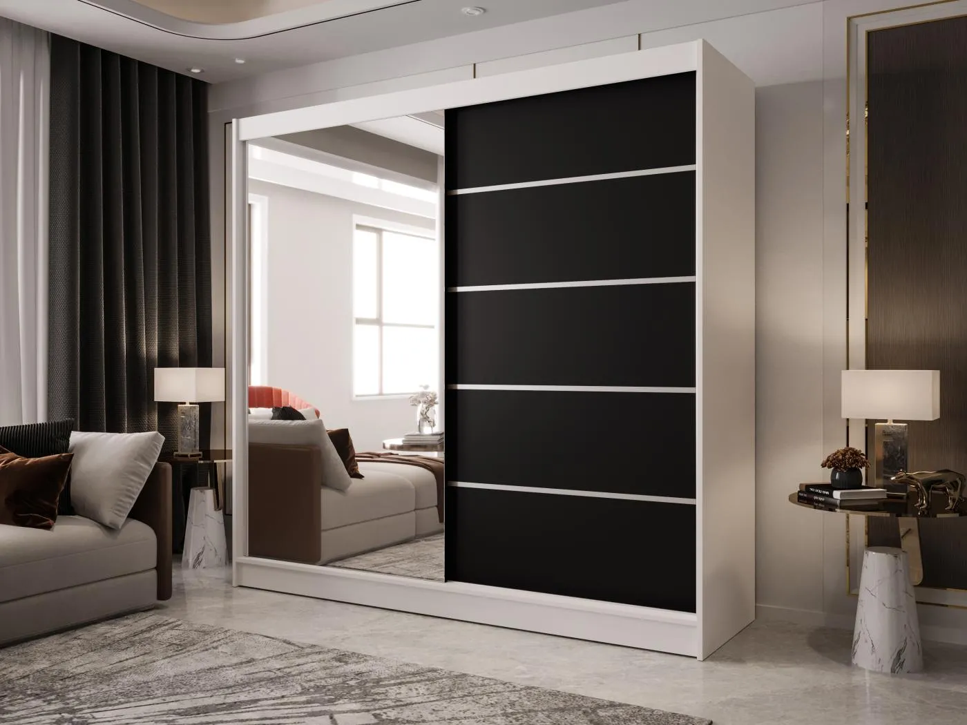 Zweitüriger Schiebeschrank mit Spiegel BOSTON  B3 Weiß/Schwarz