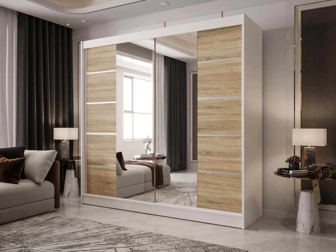 Zweitüriger Schiebeschrank mit Spiegel BOSTON B5 Weiß/Sonoma