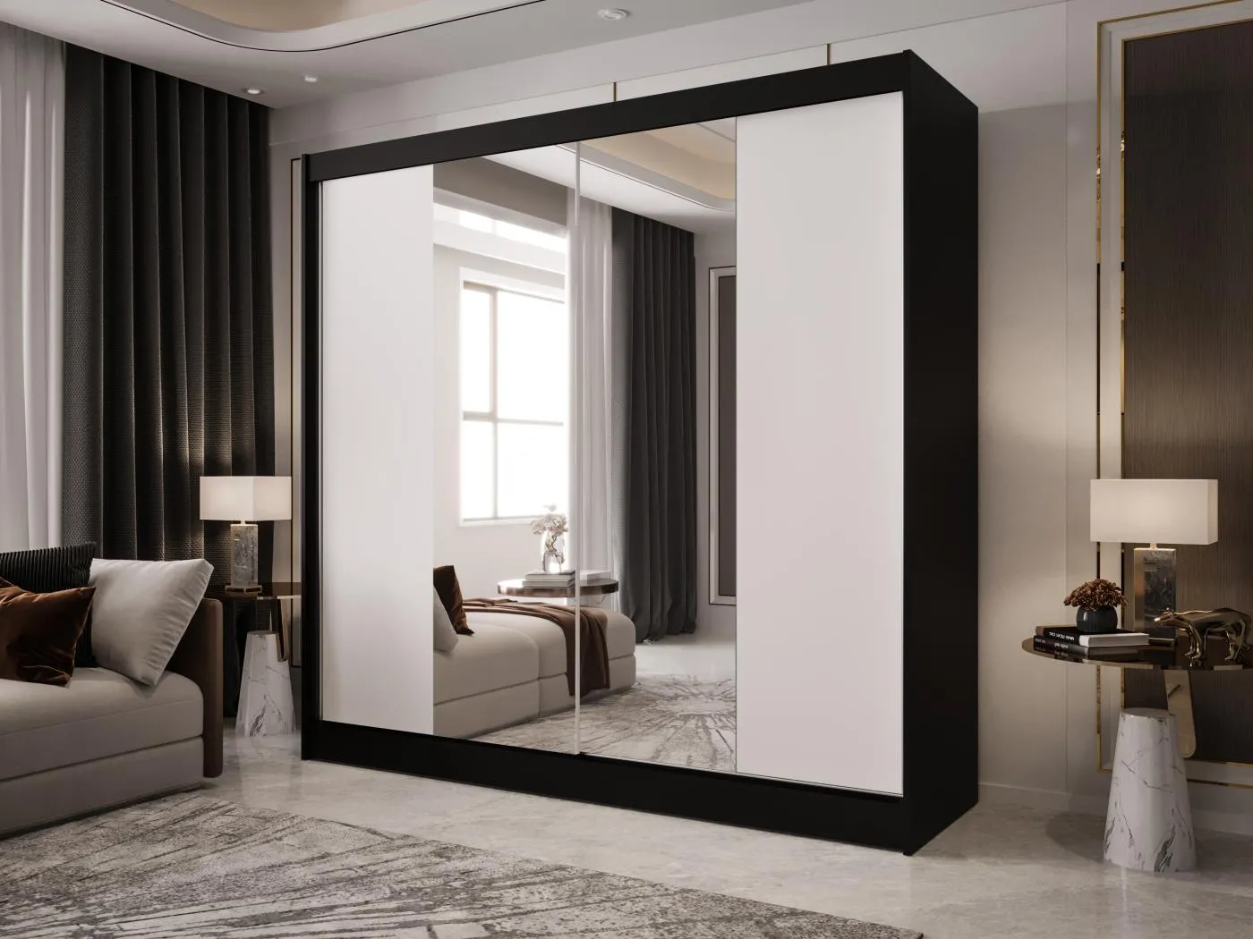 Zweitüriger Schiebeschrank mit Spiegel BOSTON B2 Schwarz/Weiß