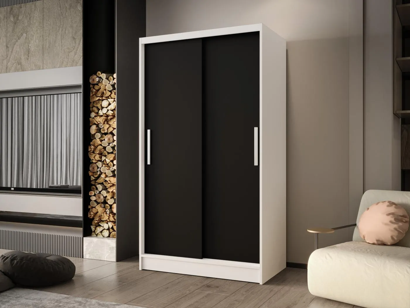 Zweitüriger Schiebeschrank CHICAGO CA1 Regalböden und Kleiderstange (Weiß/Schwarz)