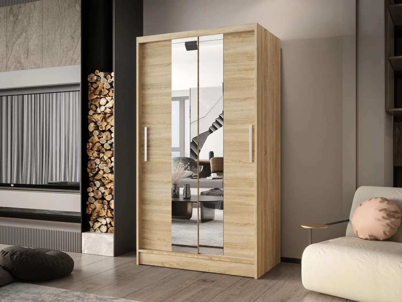 Zweitüriger Schiebeschrank mit Spiegel CHICAGO CA2, Regalböden und Kleiderstange (Sonoma)