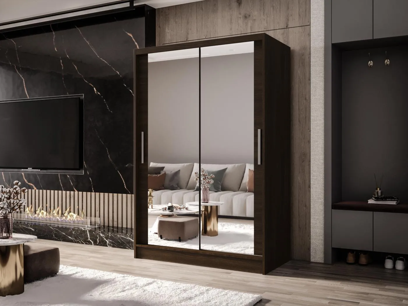 Zweitüriger Schiebeschrank mit Spiegel MESA M7 Choco mit Regalböden und Kleiderstange