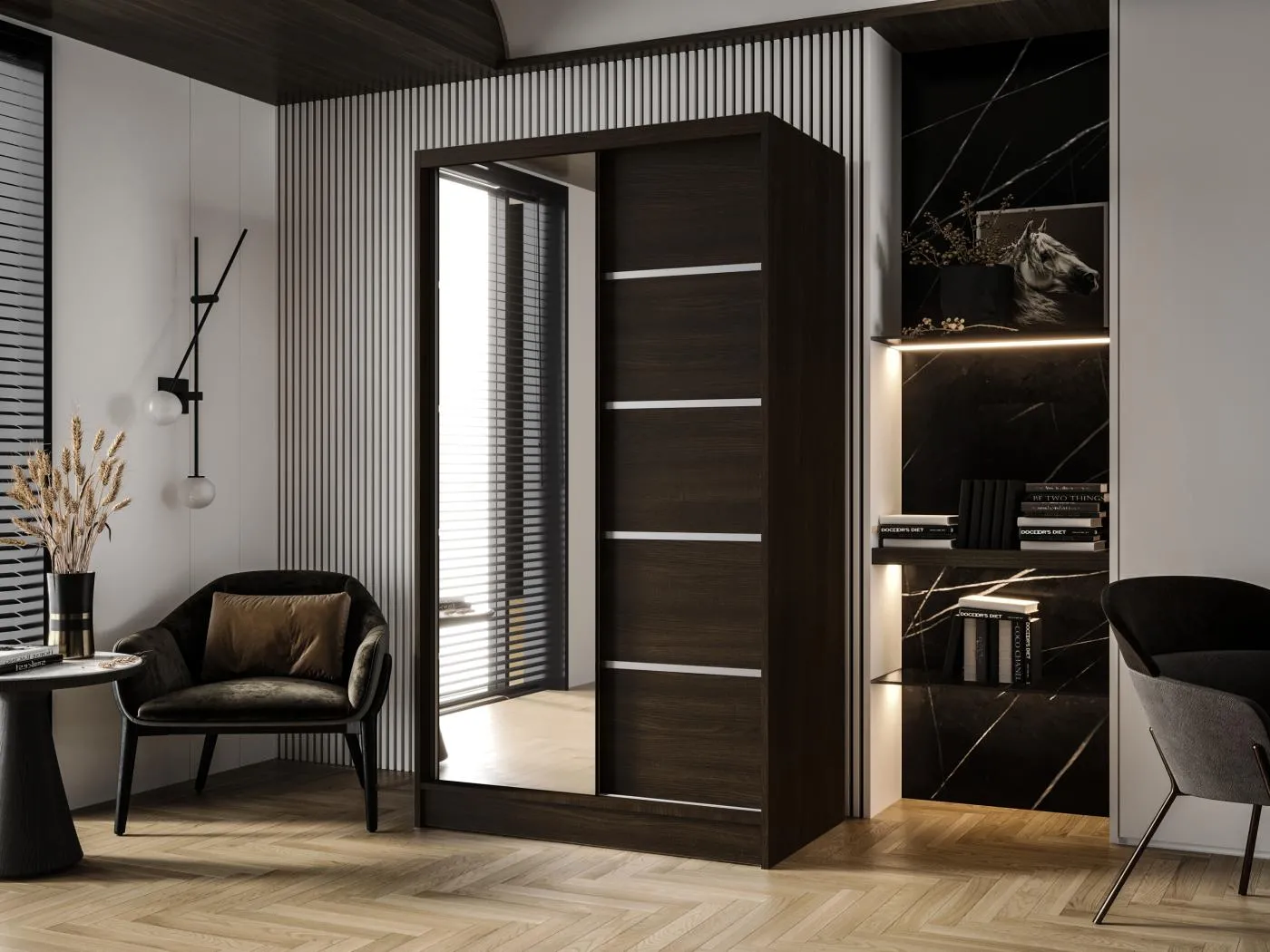 Zweitüriger Schiebeschrank mit Spiegel DETROIT D3, Regalböden und Kleiderstange (Choco)