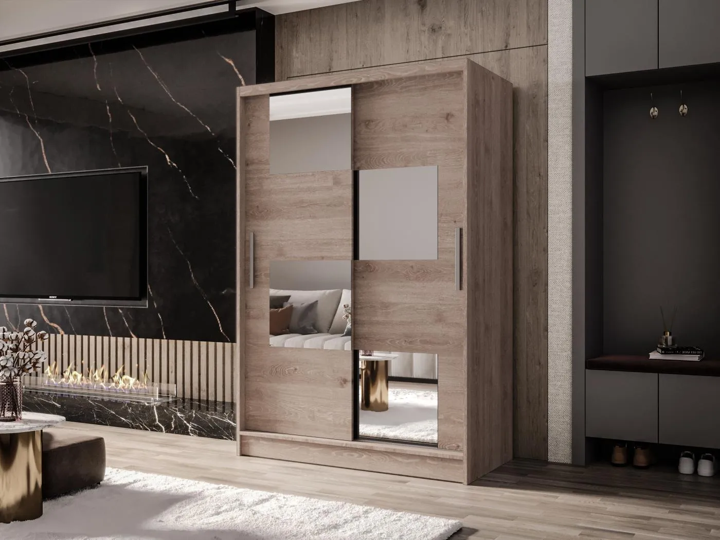 Zweitüriger Schiebeschrank mit Spiegel MESA M3 Truffle mit Regalböden und Kleiderstange