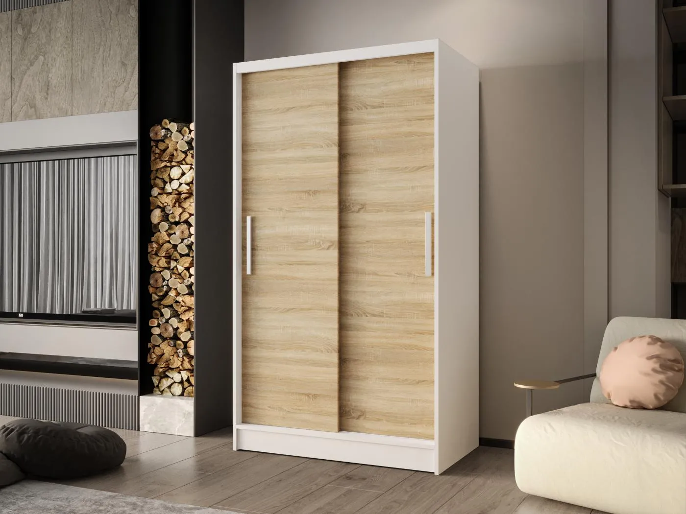 Zweitüriger Schiebeschrank CHICAGO CA1, Regalböden und Kleiderstange (Weiß/Sonoma)