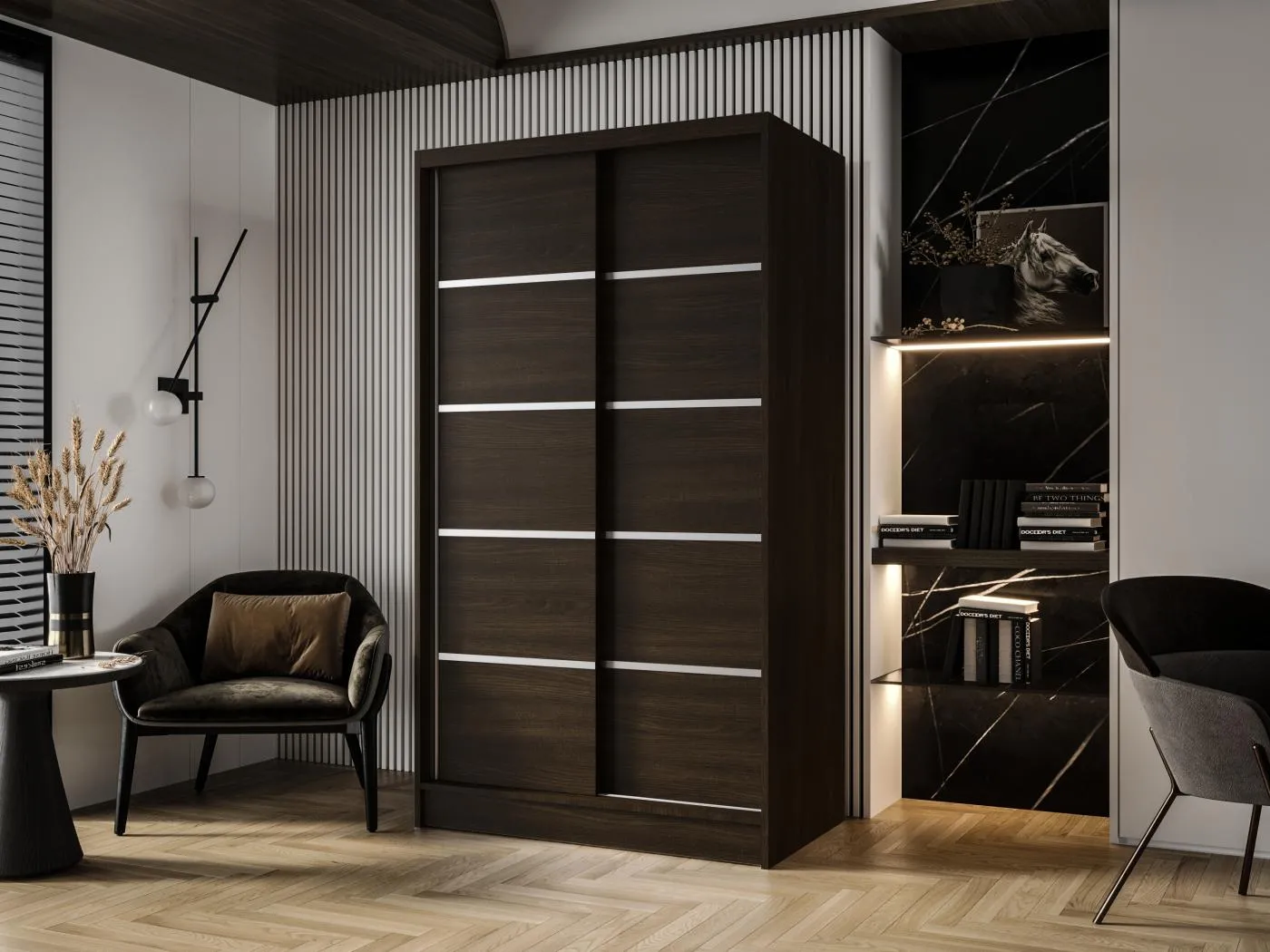 Zweitüriger Schiebeschrank DETROIT D4, Regalböden und Kleiderstange (Choco)