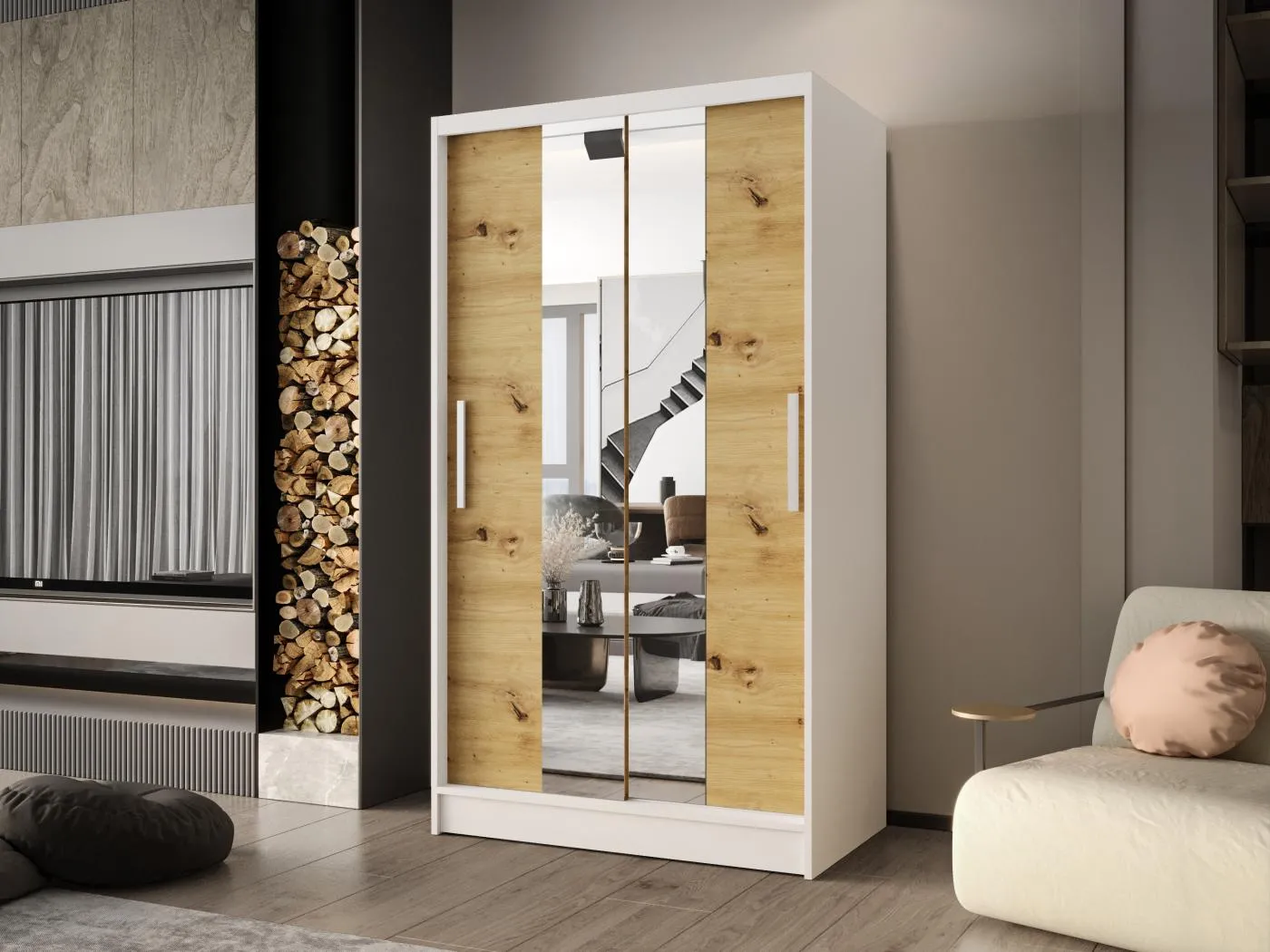 Zweitüriger Schiebeschrank mit Spiegel CHICAGO CA2, Regalböden und Kleiderstange (Weiß/Artisan)