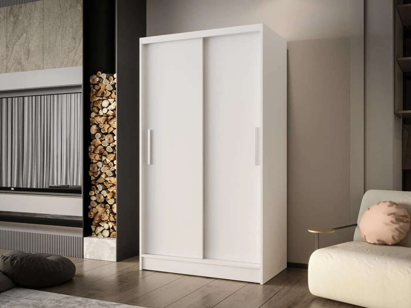 Zweitüriger Schiebeschrank CHICAGO CA1, Regalböden und Kleiderstange (Weiß)