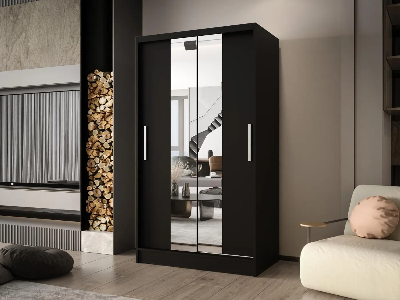 Zweitüriger Schiebeschrank mit Spiegel CHICAGO CA2, Regalböden und Kleiderstange (Schwarz)