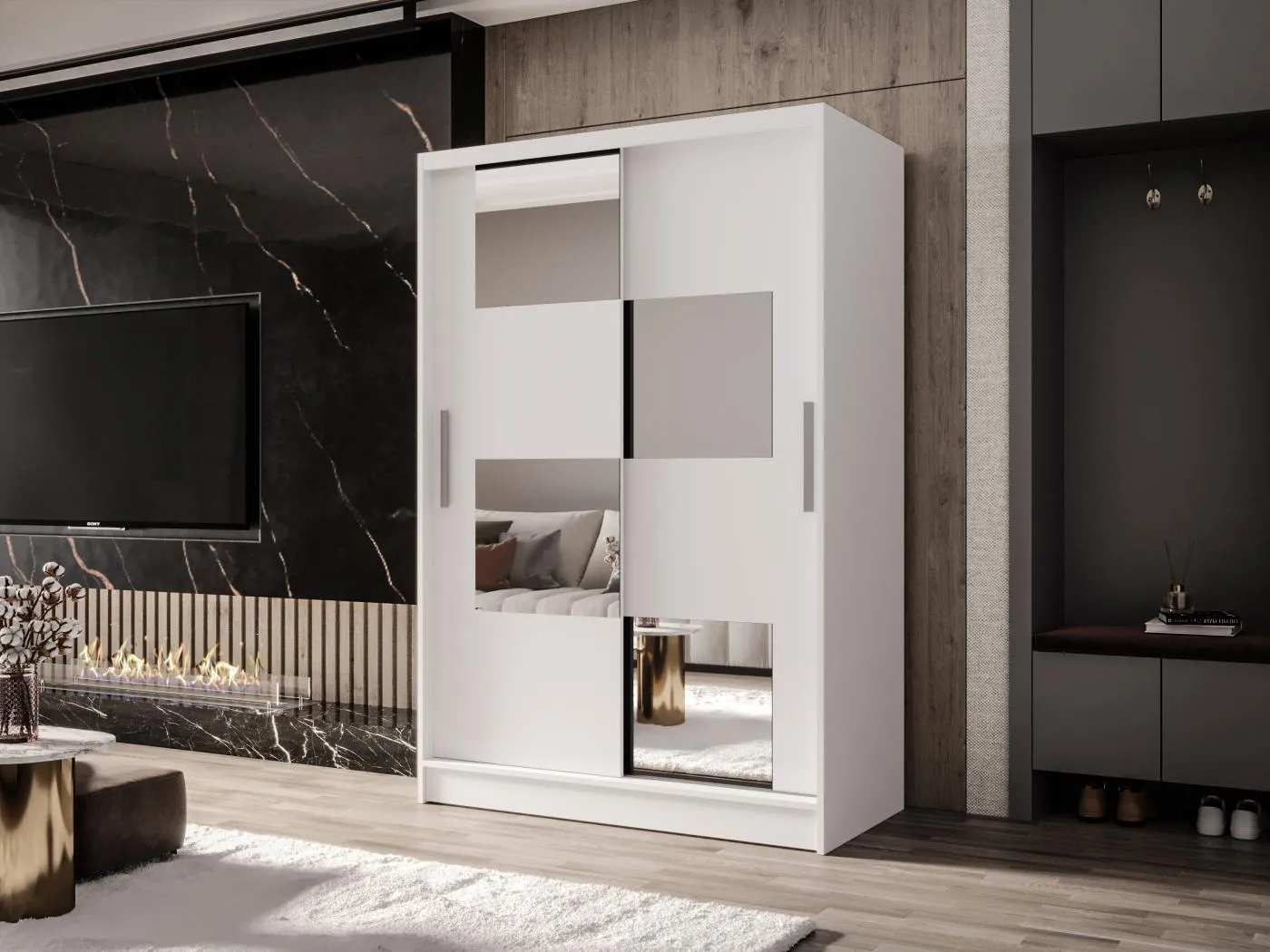 Zweitüriger Schiebeschrank mit Spiegel MESA M3 Weiß mit Regalböden und Kleiderstange