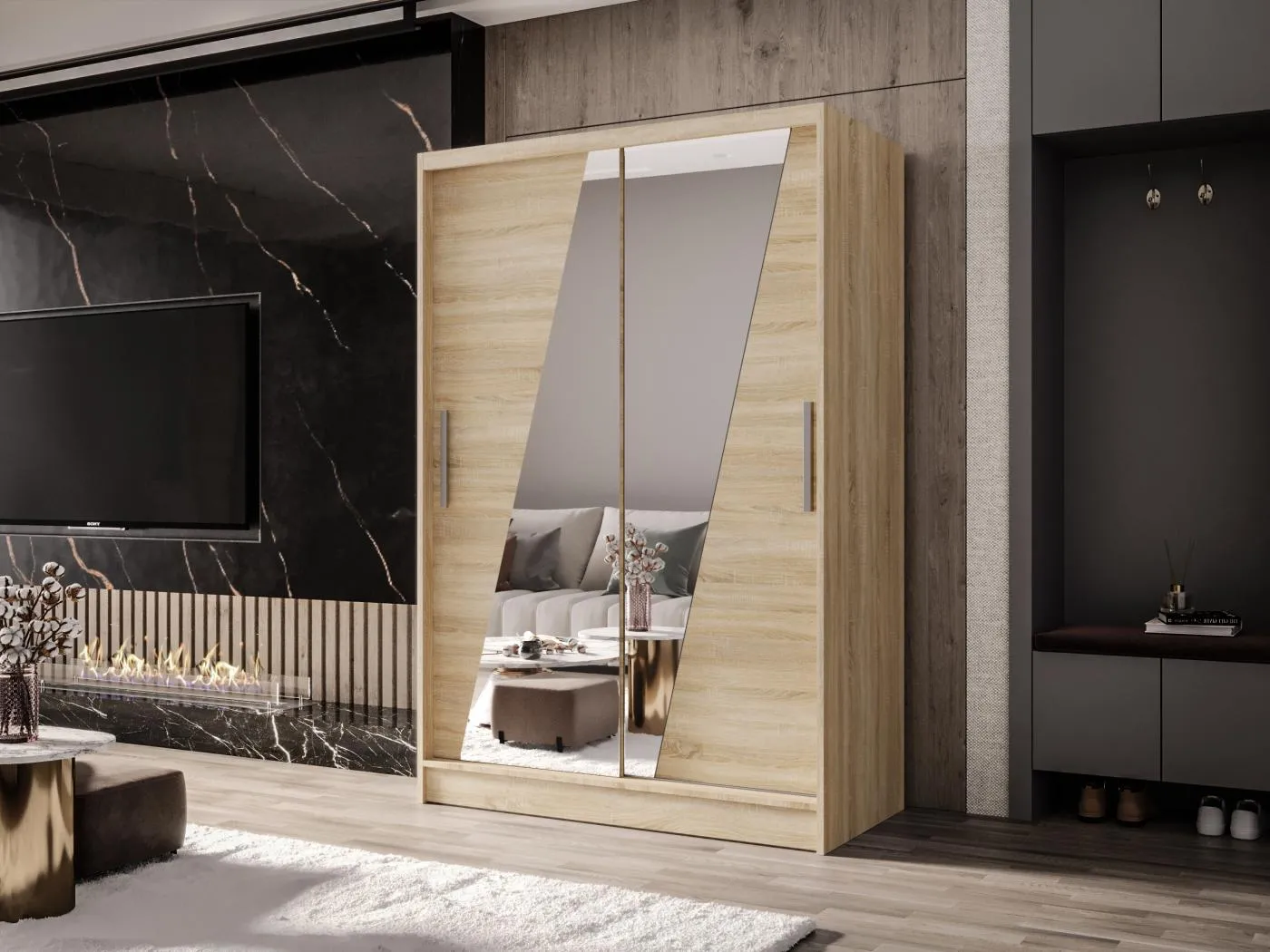 Zweitüriger Schiebeschrank mit Spiegel MESA M8 Sonoma mit Regalböden und Kleiderstange