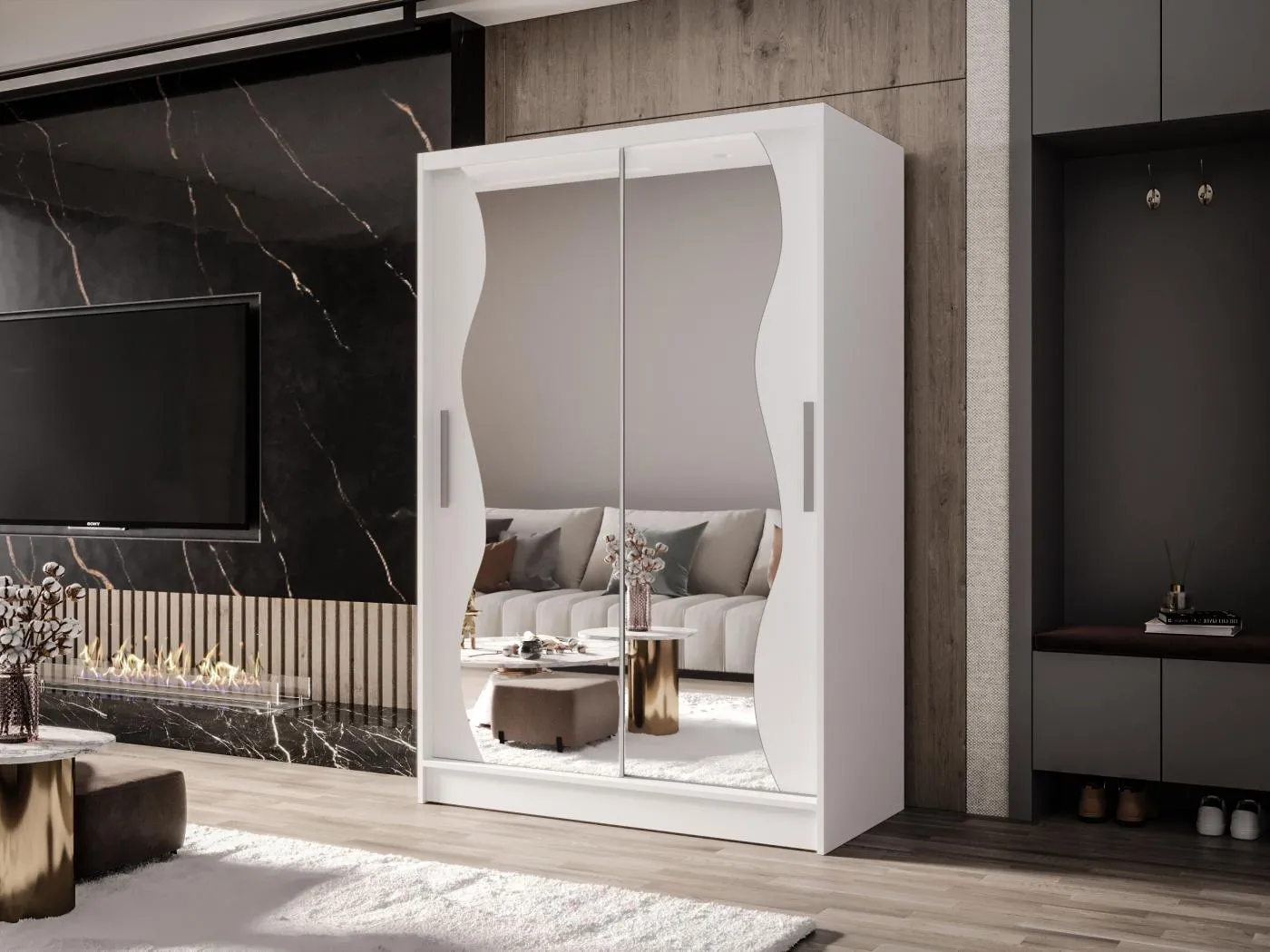 Zweitüriger Schiebeschrank mit Spiegel MESA MS Weiß mit Regalböden und Kleiderstange