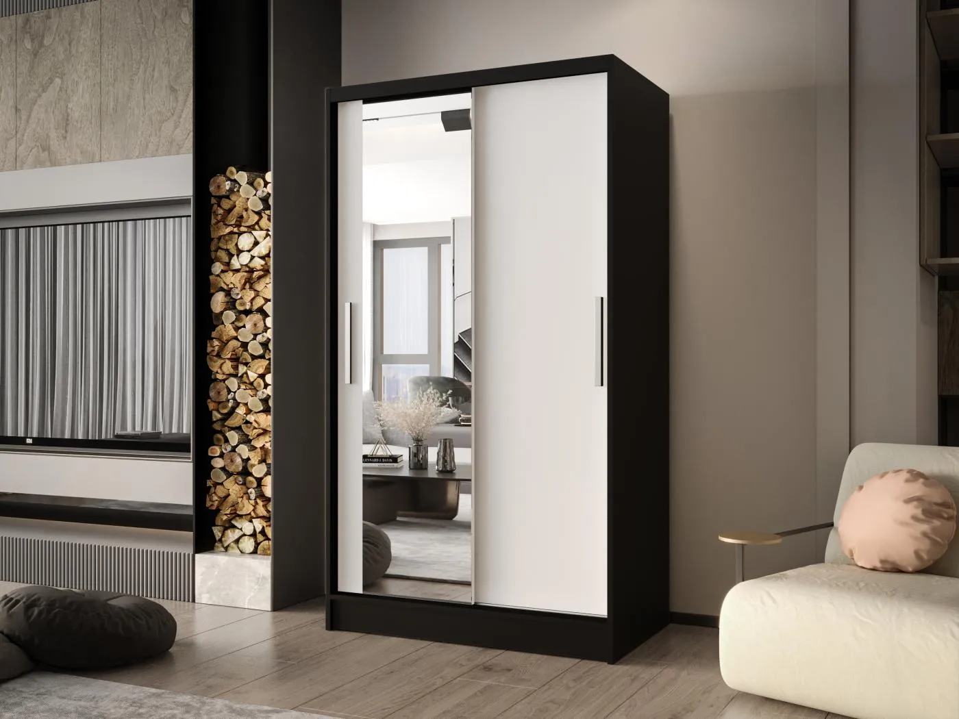 Zweitüriger Schiebeschrank mit Spiegel CHICAGO CA6, Regalböden und Kleiderstange (Schwarz/Weiß)