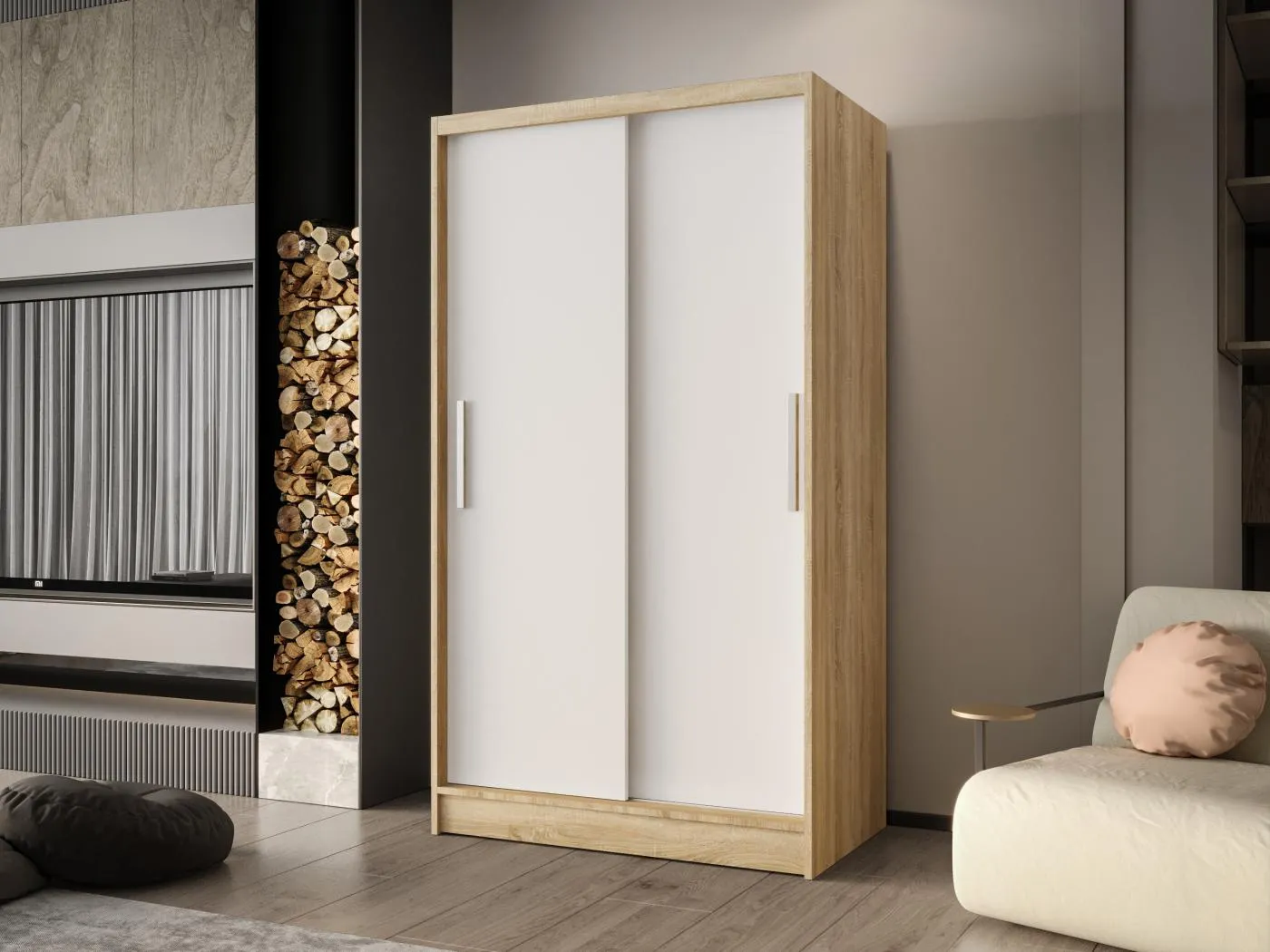 Zweitüriger Schiebeschrank CHICAGO CA1, Regalböden und Kleiderstange (Sonoma/Weiß)