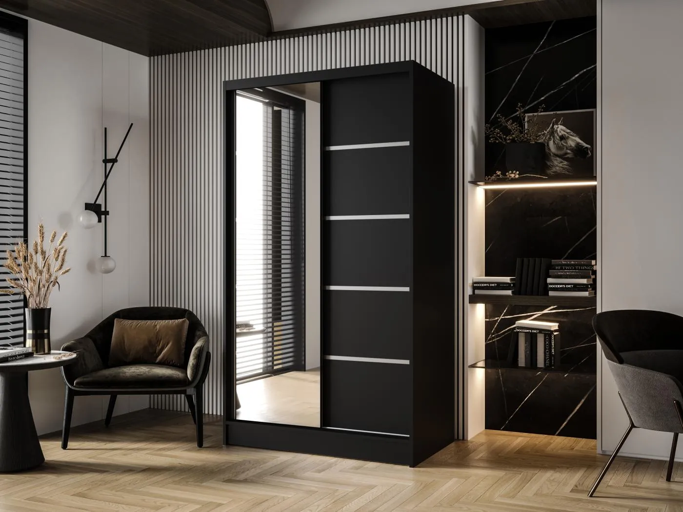 Zweitüriger Schiebeschrank mit Spiegel DETROIT D3, Regalböden und Kleiderstange (Schwarz)