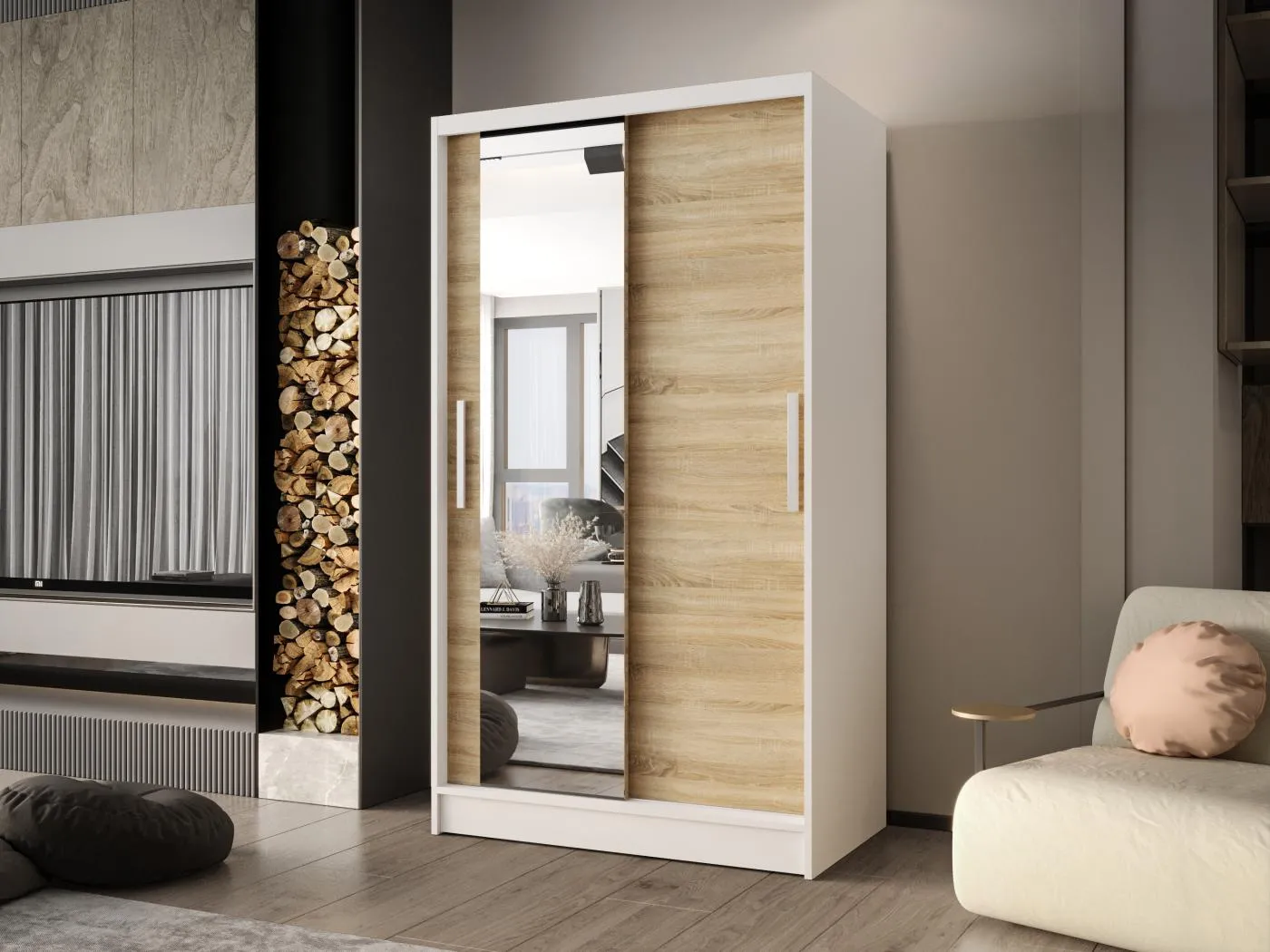 Zweitüriger Schiebeschrank mit Spiegel CHICAGO CA6, Regalböden und Kleiderstange (Weiß/Sonoma)