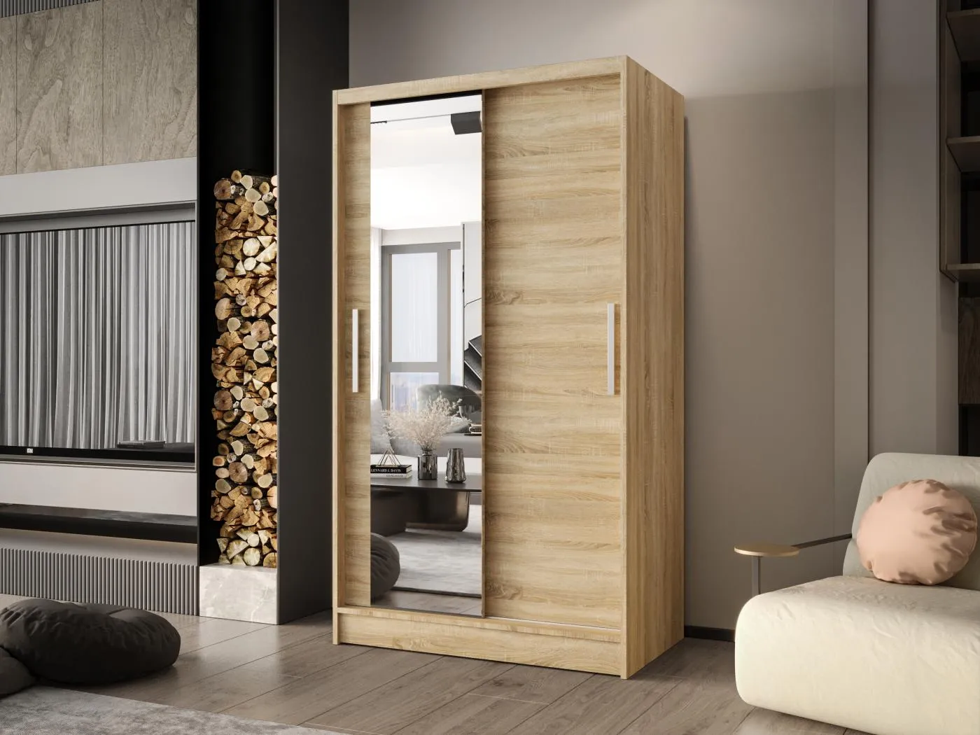 Zweitüriger Schiebeschrank mit Spiegel CHICAGO CA6, Regalböden und Kleiderstange (Sonoma)