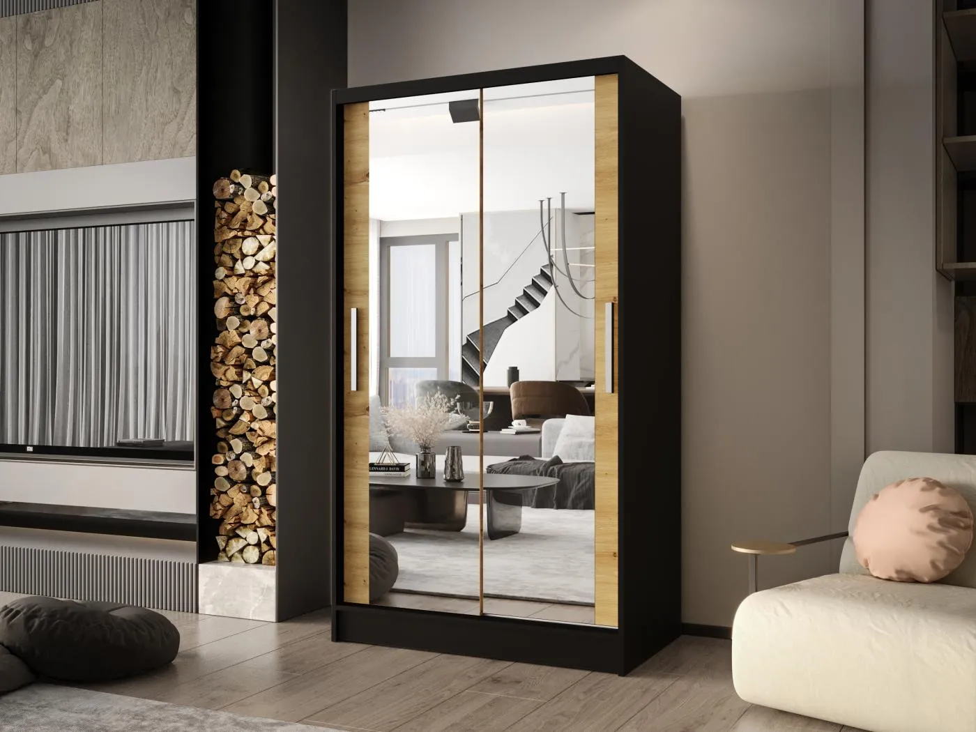 Zweitüriger Schiebeschrank mit Spiegel CHICAGO CA7, Regalböden und Kleiderstange Schwarz/Artisan