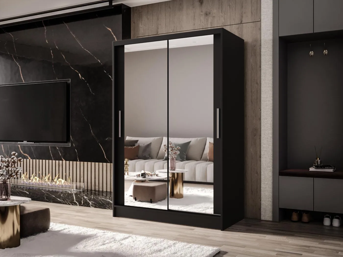 Zweitüriger Schiebeschrank mit Spiegel MESA M7 Schwarz mit Regalböden und Kleiderstange