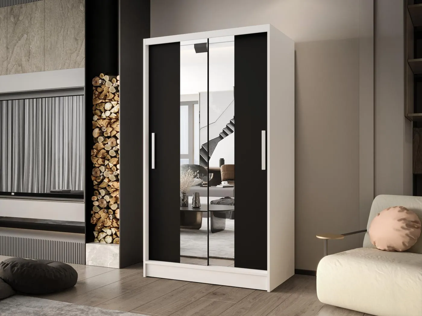 Zweitüriger Schiebeschrank mit Spiegel CHICAGO CA2, Regalböden und Kleiderstange (Weiß/Schwarz)