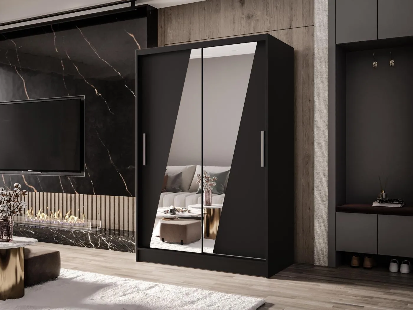 Zweitüriger Schiebeschrank mit Spiegel MESA M8 Schwarz mit Regalböden und Kleiderstange