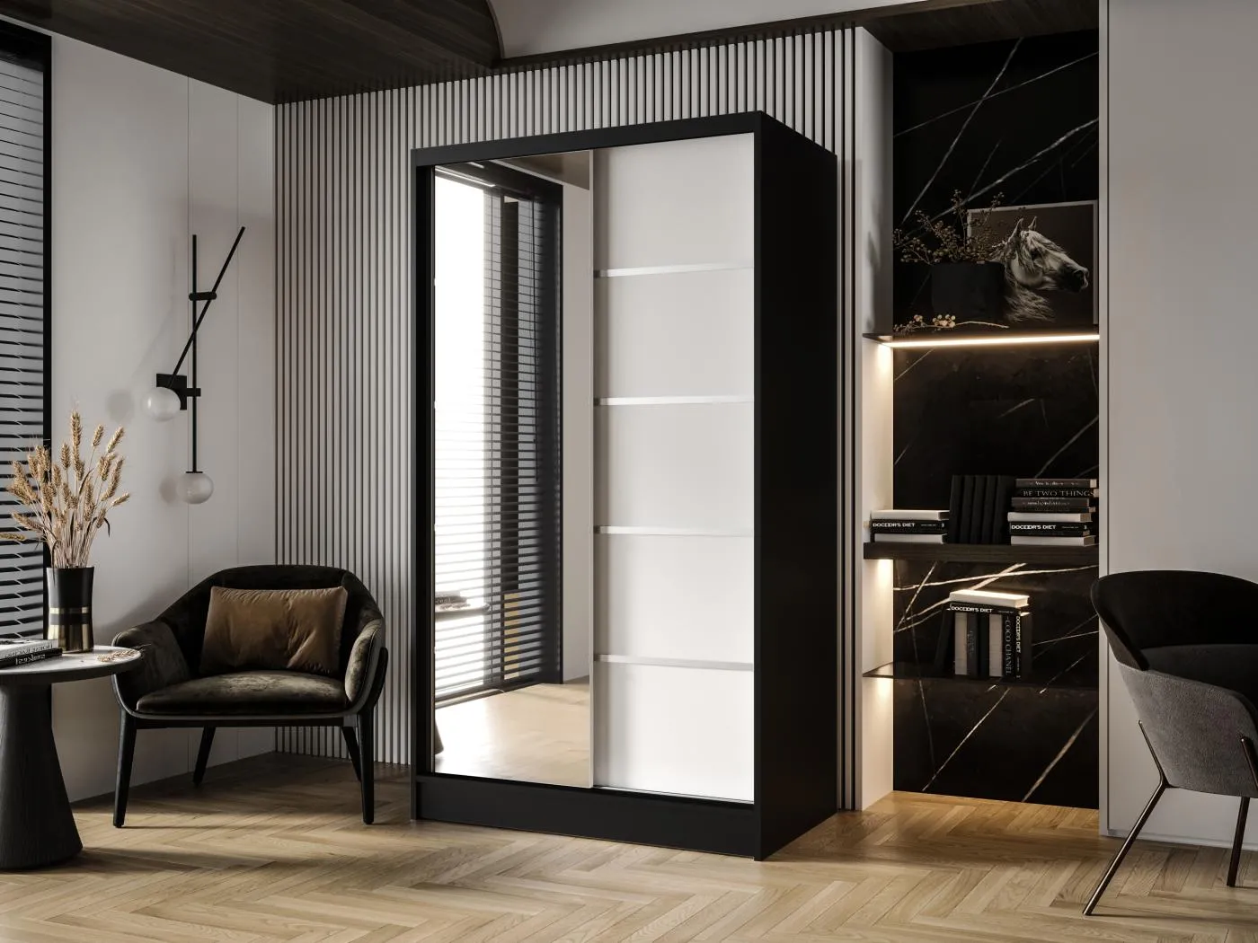 Zweitüriger Schiebeschrank mit Spiegel DETROIT D3, Regalböden und Kleiderstange (Schwarz/Weiß)