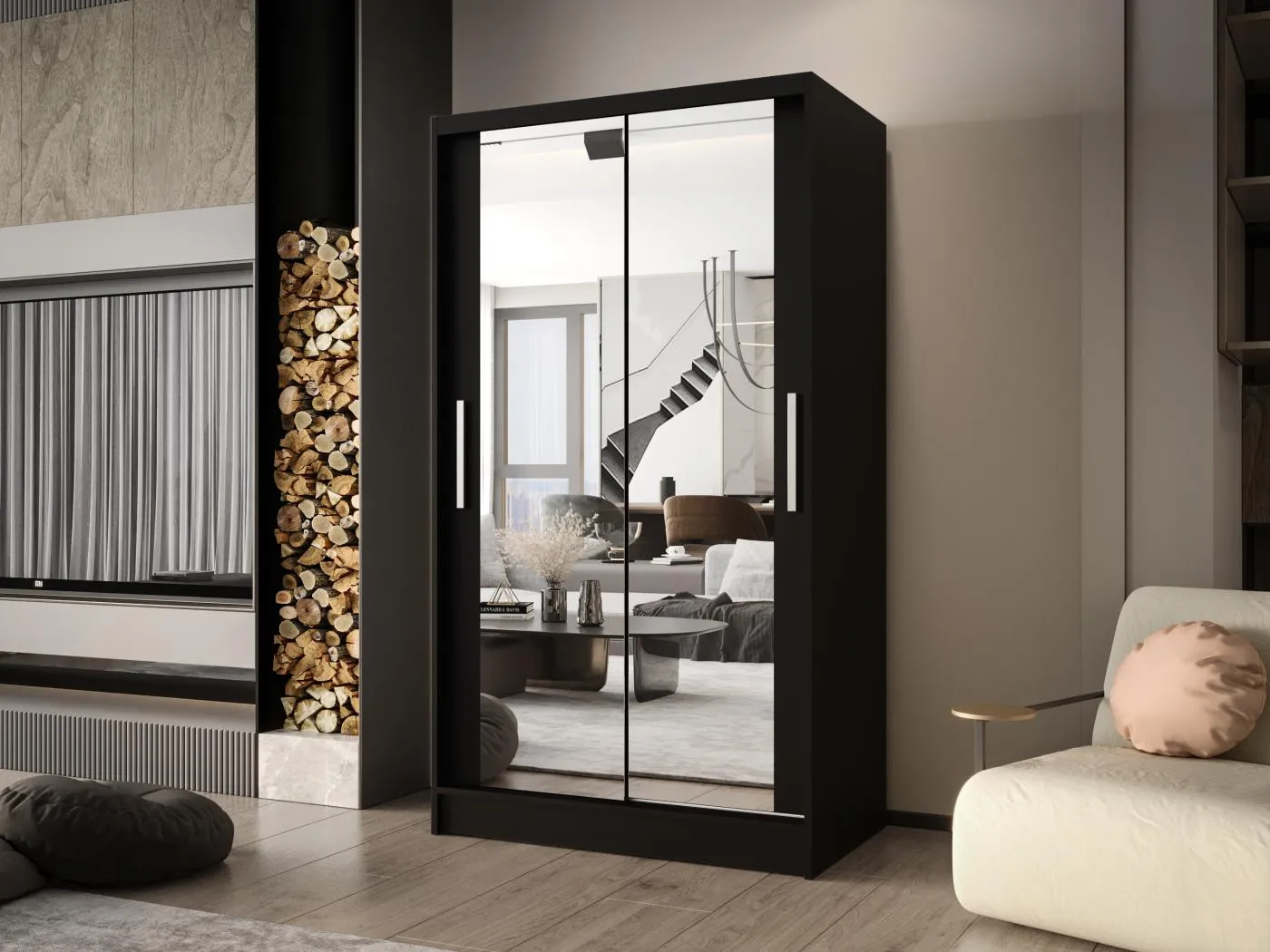 Zweitüriger Schiebeschrank mit Spiegel CHICAGO CA7, Regalböden und Kleiderstange (Schwarz)