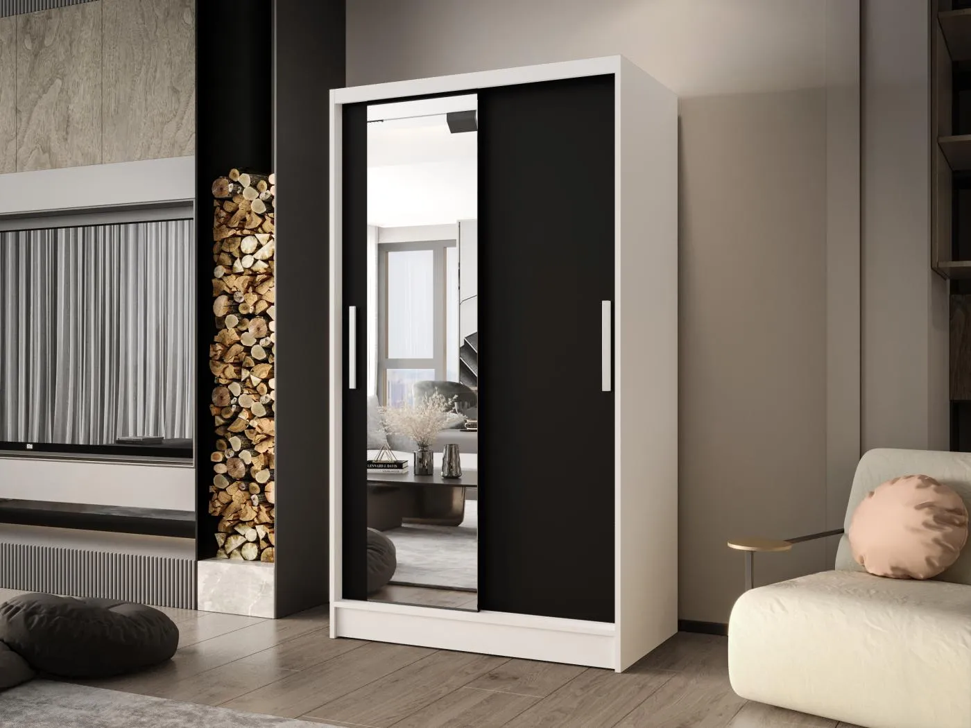 Zweitüriger Schiebeschrank mit Spiegel CHICAGO CA6, Regalböden und Kleiderstange (Weiß/Schwarz)