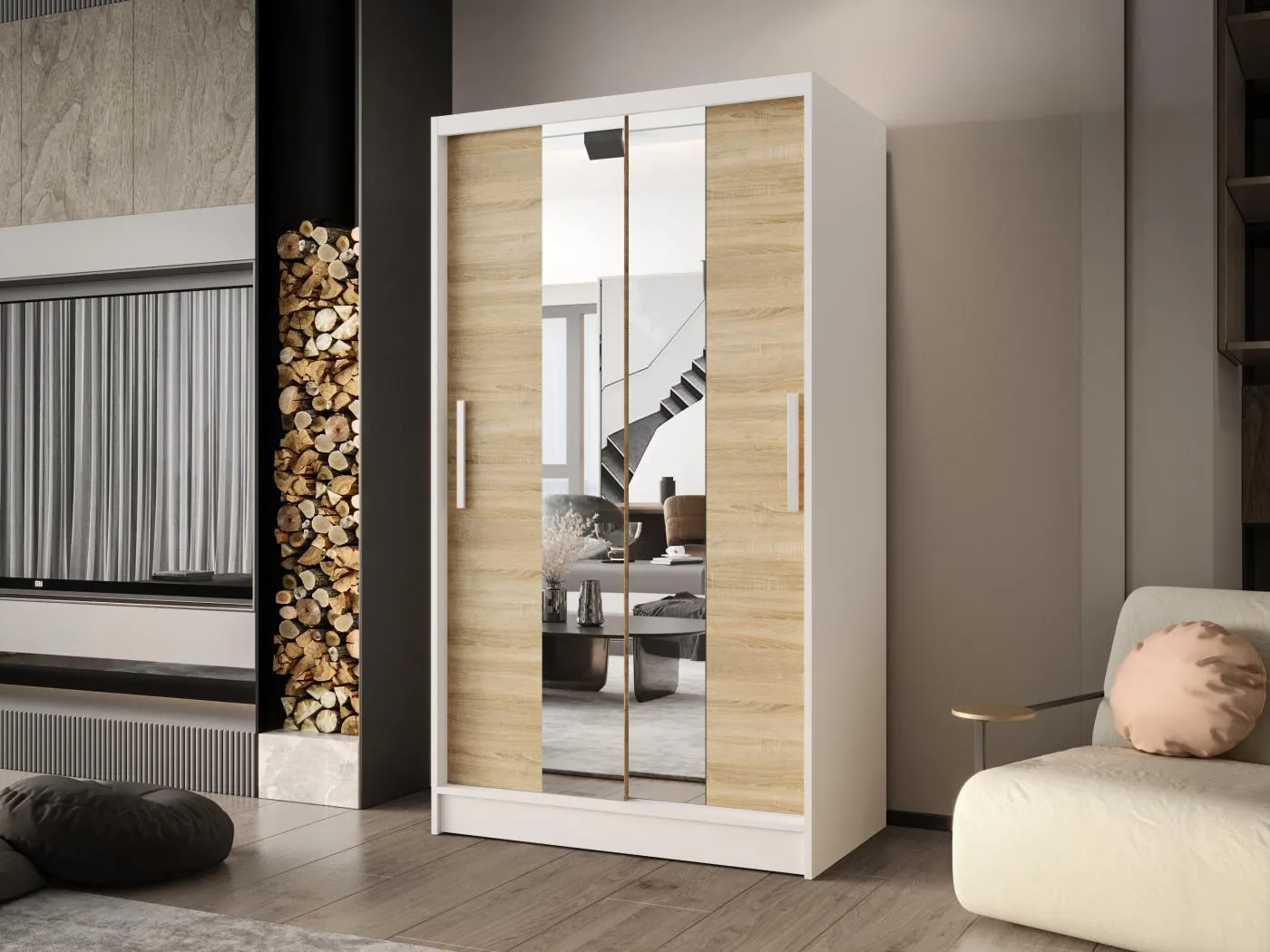 Zweitüriger Schiebeschrank mit Spiegel CHICAGO CA2, Regalböden und Kleiderstange (Weiß/Sonoma)