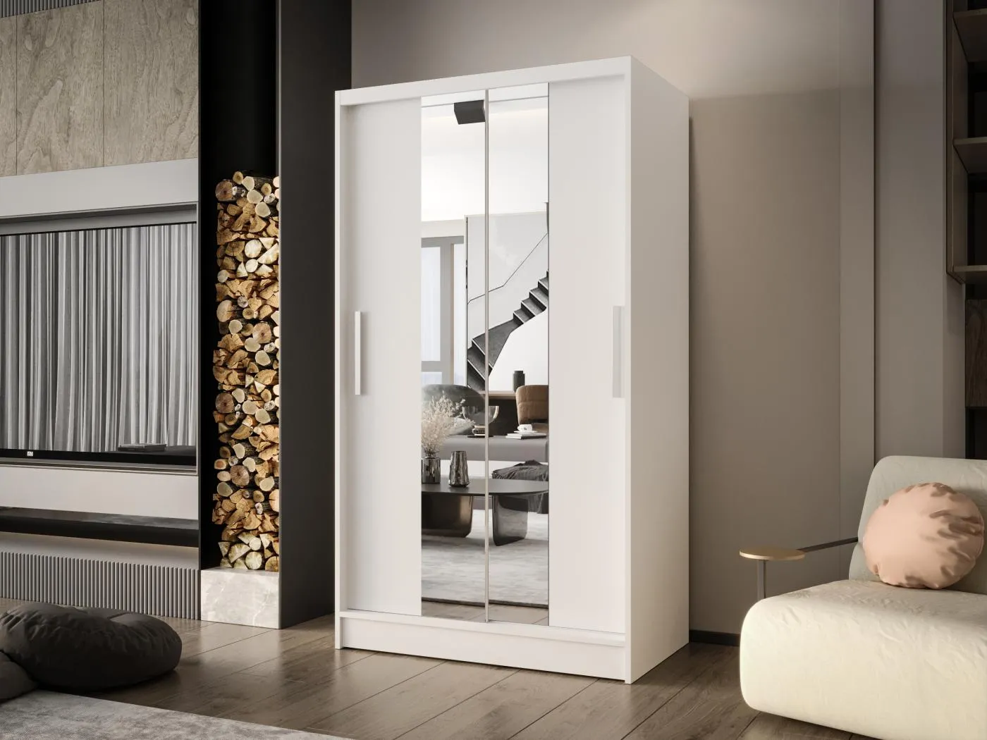 Zweitüriger Schiebeschrank mit Spiegel CHICAGO CA2, Regalböden und Kleiderstange (Weiß)